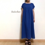 Wガーゼ 半袖胸元切り替えワンピース(royal blue)