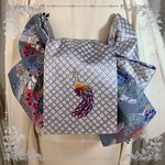 正絹　華麗な孔雀刺繍ポイント紅型総絞り半幅帯　芯あり　一点物　長尺