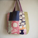 北欧風　ランダムパッチ　　縦長トートBAG　肩掛け　２♪帆布　紫色　アヒル　さかな