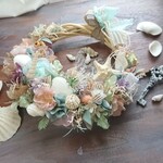 シェルリース(22cm)＊パステルラグーンのシェルガーデン＊サマーリース・夏リース・パステルリース・フラワーリース・クレセントリース・貝殻リース
