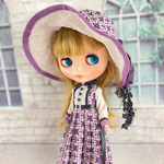 ロング丈レトロワンピース(géométrique violet foncé)帽子(ブライスサイズ)付き 2点セット