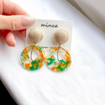 𓐍編み編み×ボタニカル𓐍オーガンジー　ピアス　イヤリング　インポート　大振り　海　西海岸　金属アレルギー対応　大人可愛い　ポップ　カラフル　淡色　春　夏　ラタン　ビタミン