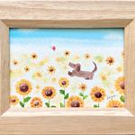 🌻透明水彩画「ダックスちゃんとひまわり」イラストミニ額  プチギフト ヒマワリ　花 ダックスフント　ダックスフンド　母の日　母の日ギフト　父の日　父の日ギフト　暑中見舞い🌻
