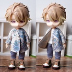 袖まくりカーディガン　生成り時にブルー系柄