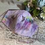 【再販×3✨】藤に蝶🦋〜薄紫系(蝶⑤-1)タイプ) 大人気‼︎  蝶々　蝶にラメ入り　藤柄　鬼　LLサイズ〜幼児用(２歳くらい)選択可　裏地も選択可　滅　※希望で抗菌不織布縫込み可能　快適マスク