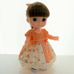 ワンピース&ヘアゴムセット　フレンチスリーブ　オレンジパッチスカート　水玉　メルちゃん　ソランちゃんサイズ　服