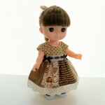 ワンピース&ヘアゴムセット　フレンチスリーブ　茶色パッチスカート　水玉　メルちゃん　ソランちゃんサイズ　服