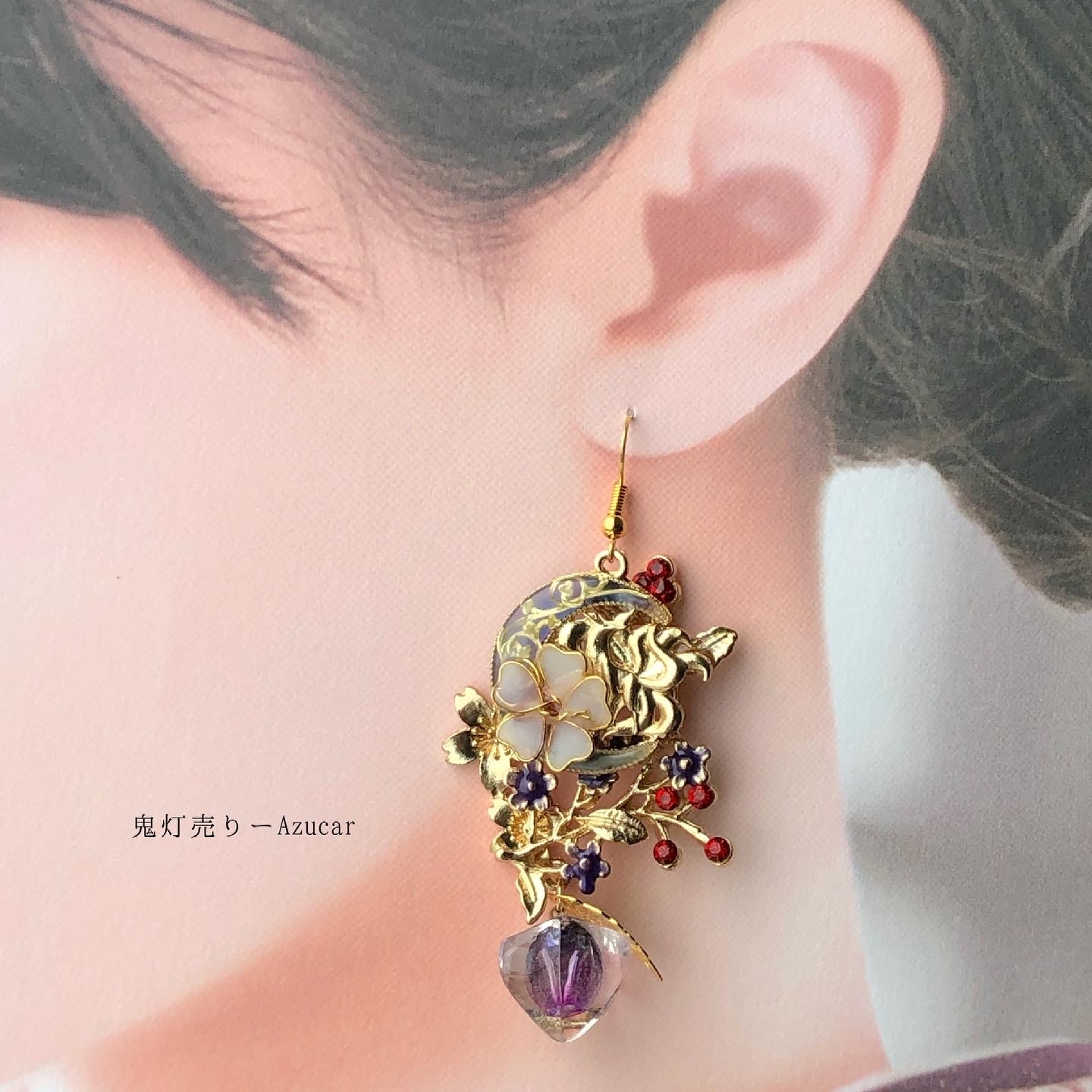 再販】金魚と九尾狐の舞いと鬼灯 桜と色変化勿忘草 ピアス イヤリング