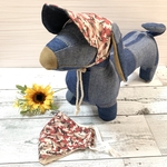 犬の帽子とお揃いマスク赤迷彩×デニム