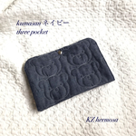 受注制作　kumasanネイビー　three Pocket   播州織　くま ポーチ　ポケット