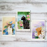 ポストカード３枚セット　花と猫〈百合・朝顔・睡蓮〉