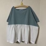 ＊SALE＊ワッシャーコットン【ダークスカイブルー×ホルテンシアレース】たっぷりギャザーブラウス