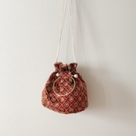 【9/7 22:00〜販売】レッド　ゴールド　刺繍　インド刺繍　巾着バッグ　巾着バッグ　ハンドバッグ　ショルダーバッグ　丸底