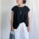 小柄さんS ■【汗じみ防止加工】スタイルアップが叶う 2タックフレンチ袖トップス 黒【２size展開】KMC-19 042003