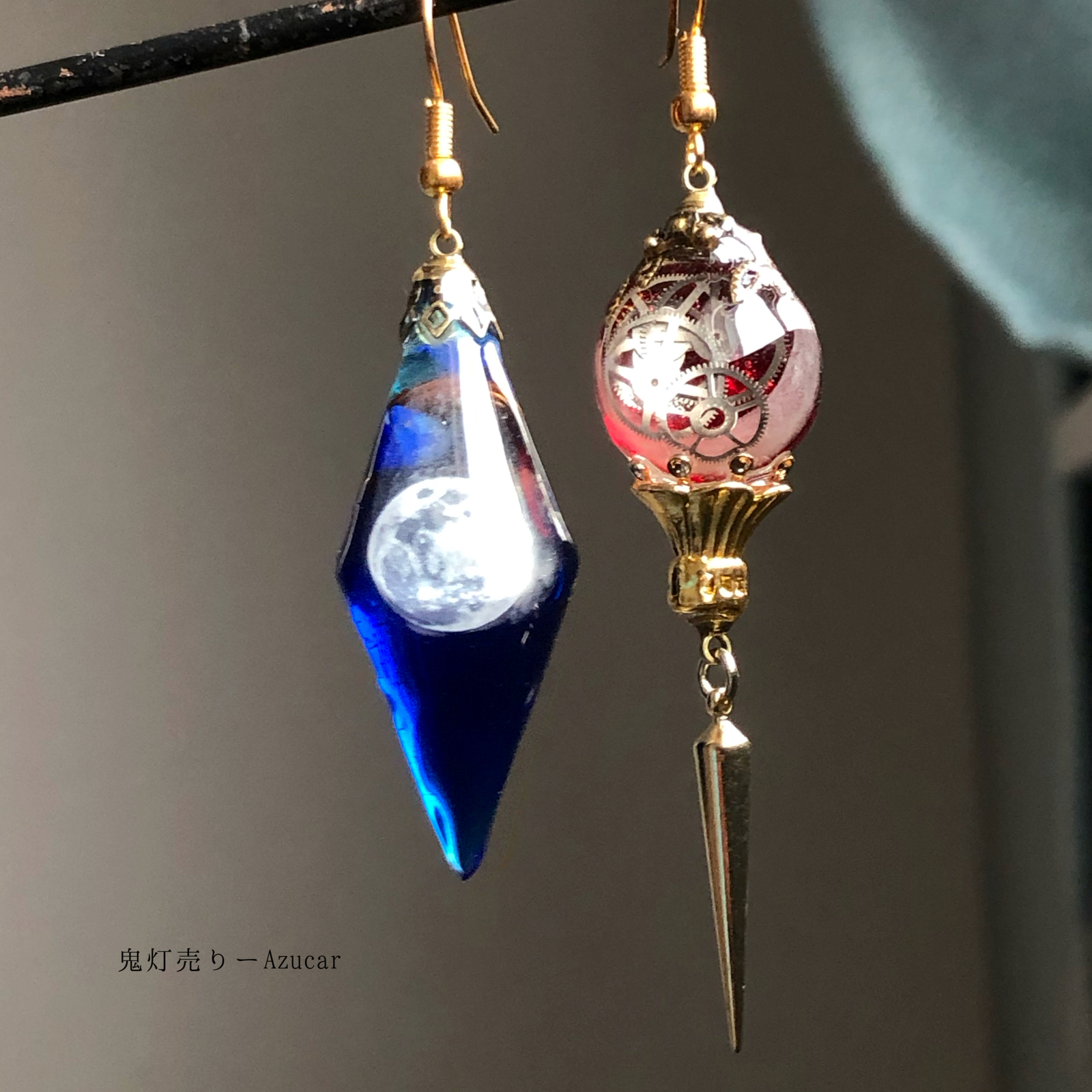 満月ペンデュラムとフローライトの蓄光オルゴナイトピアス　イヤリング★ 満月の夜と黄昏の月。 オルゴナイト ペンデュラムとランタンの