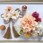 桜が舞う♡オレンジダリアと桜の組み合わせが可愛いヘアアクセサリーセット　髪飾り 花飾り　袴　振袖　結婚式　ウェディングドレス　カラードレス　ヘアアレンジ
