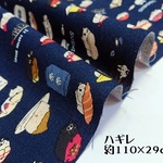 綿麻キャンバス生地｜110×50cm｜すし猫シリーズ｜ネイビー｜SUSHI｜寿司｜リネン混｜アニマル｜紺