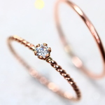 【14kgf　PG】２本セット／ 2ｍｍ石　CZダイヤモンド　ねじねじリング　＆　ストレート／アレルギー対応・ピンキーリング／つけっぱなしOK　華奢　指輪　重ね付け　ベビーリング　マイナス号OK