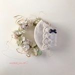 夏用💓LINEN   ナチュラル系ペールベージュリネンと接触冷感国産ダブルガーゼで作った立体マスク　エクリュフラワー刺繍スカラップレース&ネイビーリボン　ポケットタイプ