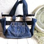 [オーダーta19640729] オーバーオール・ボーダーBag（デニムリメイク×帆布）夜空に月と星