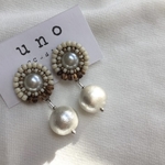 パール×ウッドビーズ×コットンパールピアス・イヤリング
