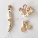Rose pinkリボン歯固めリング&選べる木製歯固め＊おしゃぶりホルダー＊歯固めホルダー＊出産祝い