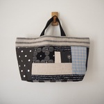 モノトーンパッチ　横長　トートBAG　♪リネン　麻　帆布　黒　