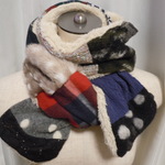 ハンドメイド◆ロングストールナチュラルモノトーンニットパッチワークファー 