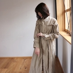 ○心地良く優しいリネン服○くったりベルギーリネンで魅せる、たっぷりピンタックフリルシャツワンピース （ベージュ）
