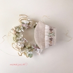 夏用💓コットンリネンベージュと接触冷感国産ダブルガーゼで作った立体マスク　キナリお花コットンレース&ボタニカル刺繍リボン　ミストグリーンリボン　ポケットタイプ