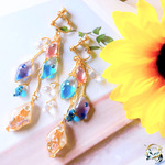 雨だれ紫陽花のネコ　イヤリング・ピアス／レジン／スワロフスキー／梅雨　初夏／ジャラジャラ　しずく　ドロップ／ブルー　パープル　ピンク