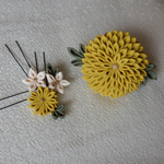 つまみ細工の髪飾り　カラシ色【ヘアクリップ&Uピンセット】