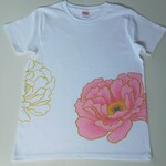 手描き牡丹Ｔシャツ「Mサイズ」女性用　地色　ライトピンク