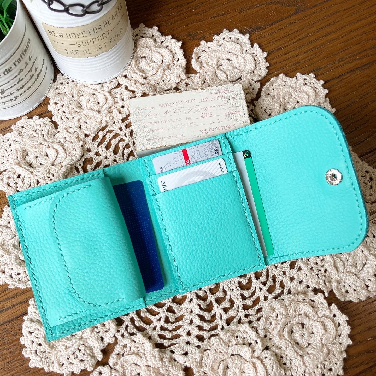 ◇受注生産◇ 牛革ティファニーブルー 三つ折り財布 コンパクト