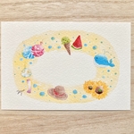 🌻透明水彩画「夏のリース」イラストポストカード２枚セット 暑中見舞いはがき 暑中はがき 花　ひまわり　クジラ　スイカ　残暑見舞い　癒し🌻