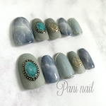ターコイズネイル　ターコイズ　ジュエリーネイル　アクセサリーネイル　アクセサリー　大理石ネイ　マット加工　ニュアンスネイル　夏ネイル ミラーニュアンス　ミラーネイル　天然石ネイル　海ネイル