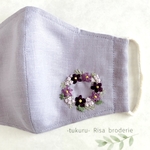 刺繍マスク　ピンク白の花のブーケ　白リネンとダブルガーゼ