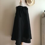 モイストウォッシュ加工リネン黒で作った後リボンノースリフレアワンピース
