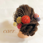 【再販】つまみ細工髪飾り　玉かんざし　オレンジ　和装ヘアアクセサリー　羽二重生地　絹生地　シルク　手染め　#1