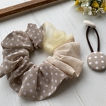 ベージュ水玉のシュシュ✿ドットシフォン&チュール　ヘアゴム付き