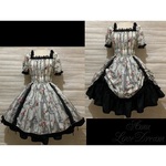 1点物*シャーリングたくし上げワンピース★クラシカル/薔薇/ローズ/花/オフ白×黒スカート×黒レース(即納品)