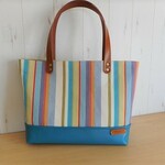 倉敷帆布　カラフルストライプ＆本革のマチ広トートバッグ　