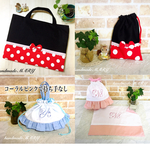 nico8smile様専用  赤白ドットのレース付き体操着バックと縄跳び袋&イニシャルグッズ  コーラルピンク ランチセット3点 合計5点
