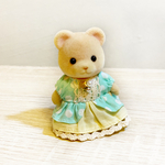 シルバニアファミリー着せ替え服  パステルグリーン×イエロー星とパールのパフスリーブワンピース✩