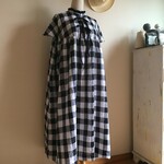 白黒チェックリネンで作った２wayフリル襟ヨーク切替ギャザーワンピース