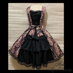 1点物*優美な桜 和柄 3段フリル ワンピース ジャンパースカート★和モダン/金彩/濃紺×黒(即納品)