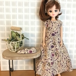 リカちゃん・服　花柄のふんわりティアードワンピース＆ターバン＆パッチンピン