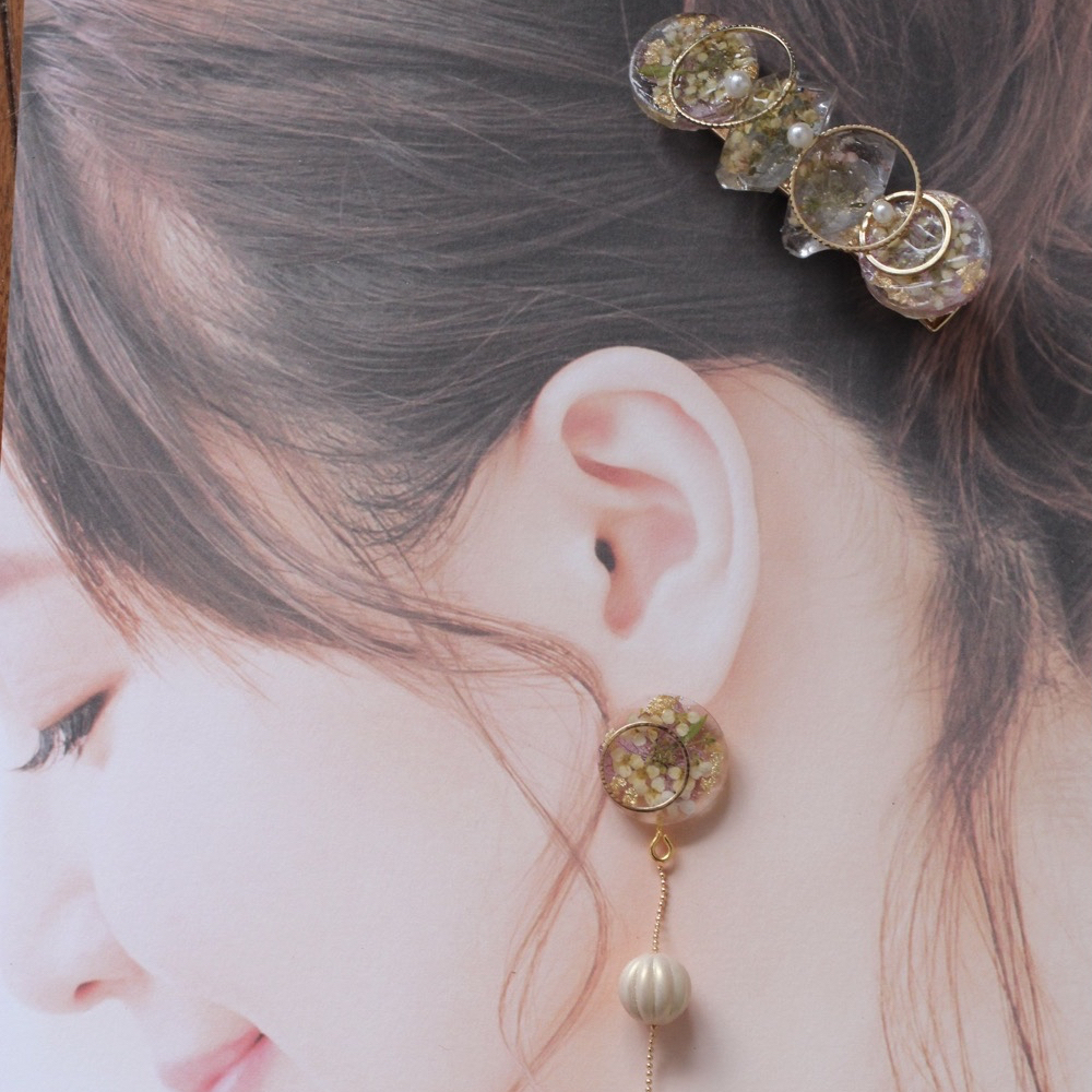 N.418】ハンドメイドヘアクリップ 細め 紫陽花 アリッサム 紫陽花