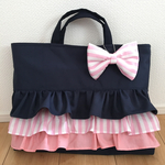 ドレスのようなレッスンバッグ(ネイビー&ピンクのストライプ)