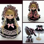 メルちゃんサイズ　ピンク　黒　ネコ柄　　垂れ耳ボンネット　ハートエプロン　フリフリコーデ5点セット　ソランちゃん　レミンちゃん　コルネちゃんサイズ　ゴスロリ ロリータ 　服